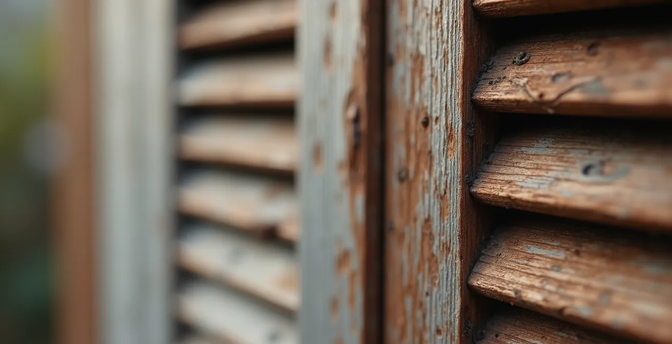 Gros plan macro sur surface d'un volet bois usé à côté d'un volet composite avec texture bois intacte