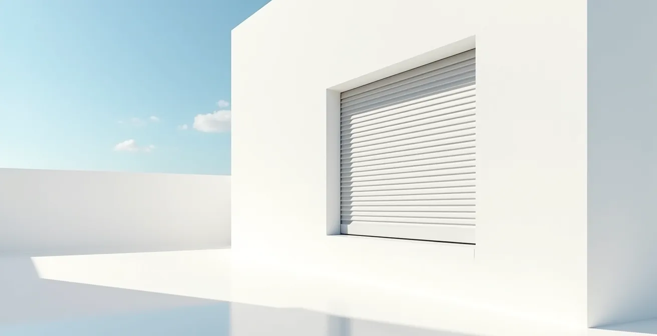 Volet composite intact dans un environnement minimaliste épuré avec ciel clair