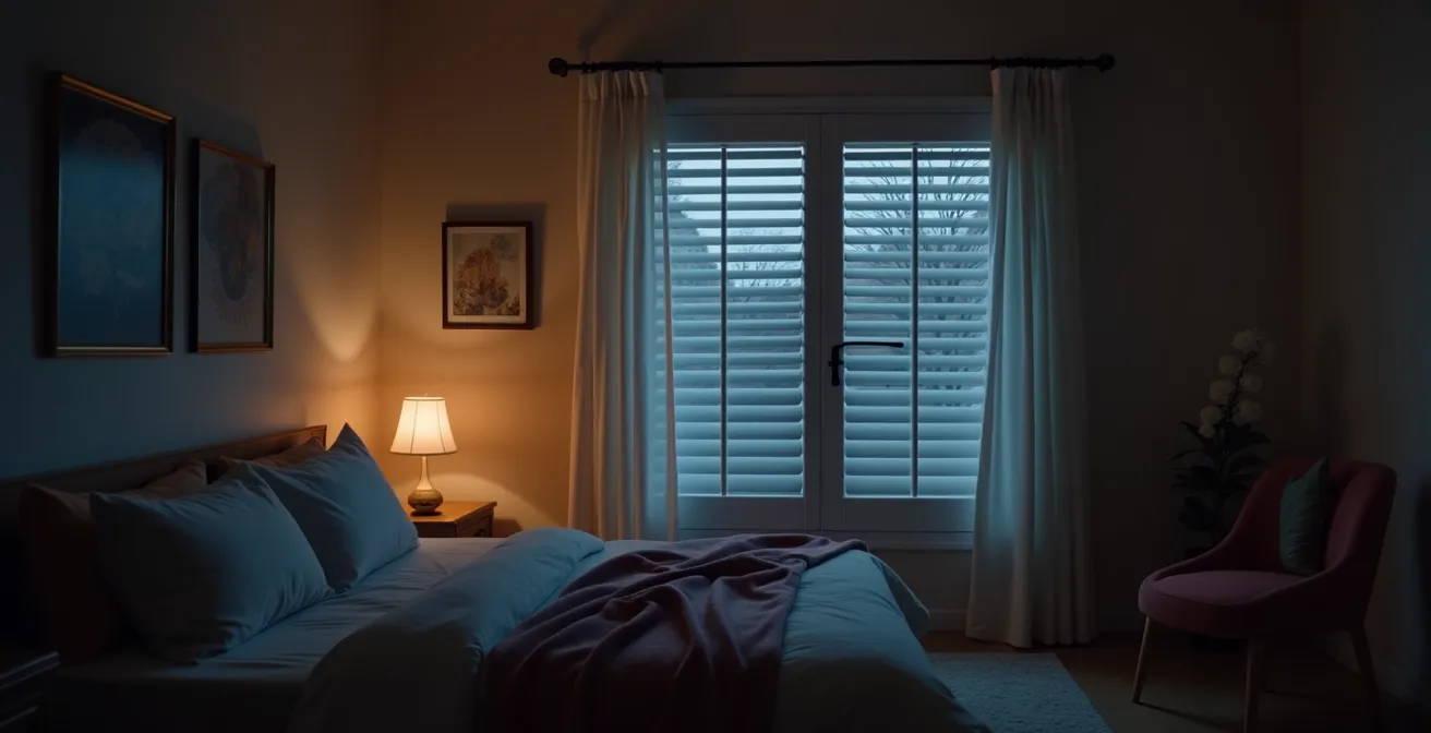 Chambre calme et sombre grâce à des volets composite bien ajustés, ambiance nocturne douce