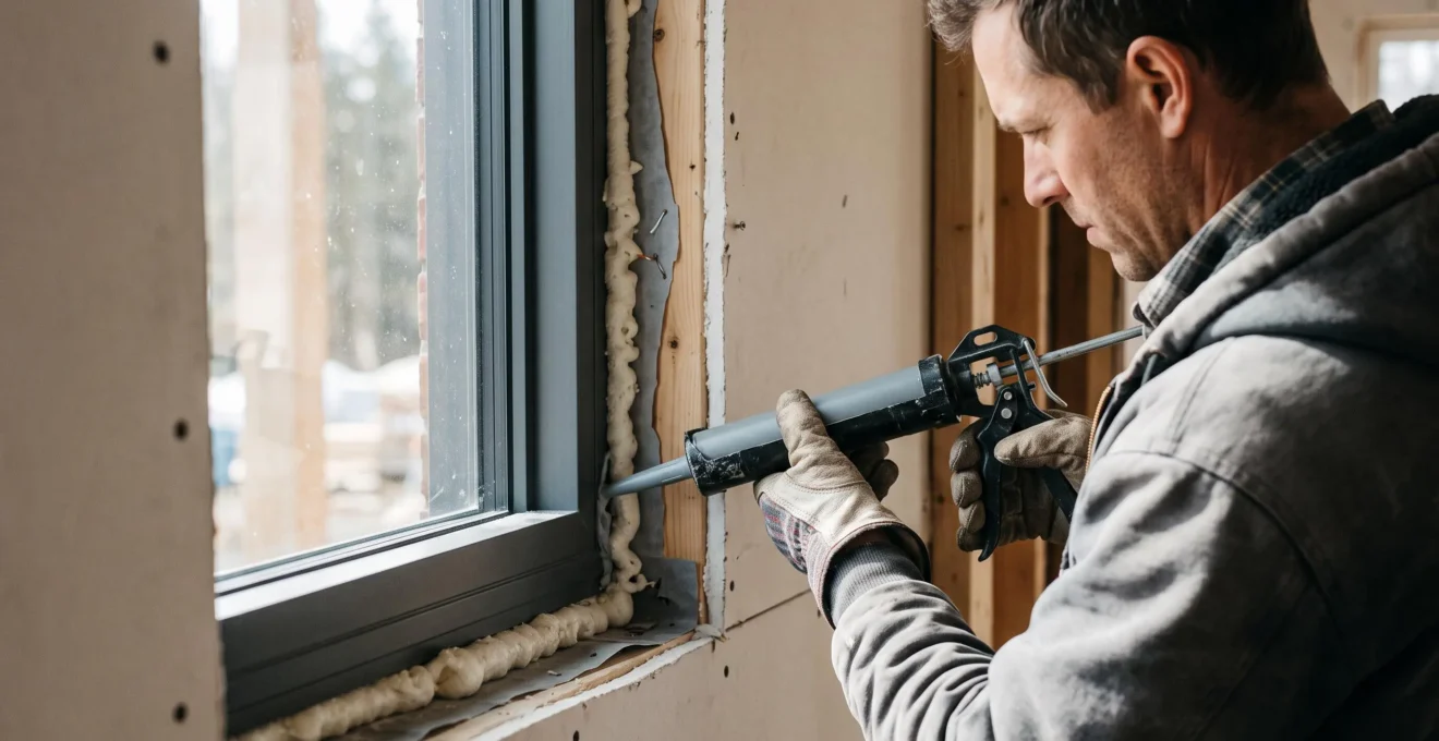 Un professionnel applique du mastic d'étanchéité autour d'un cadre de fenêtre.