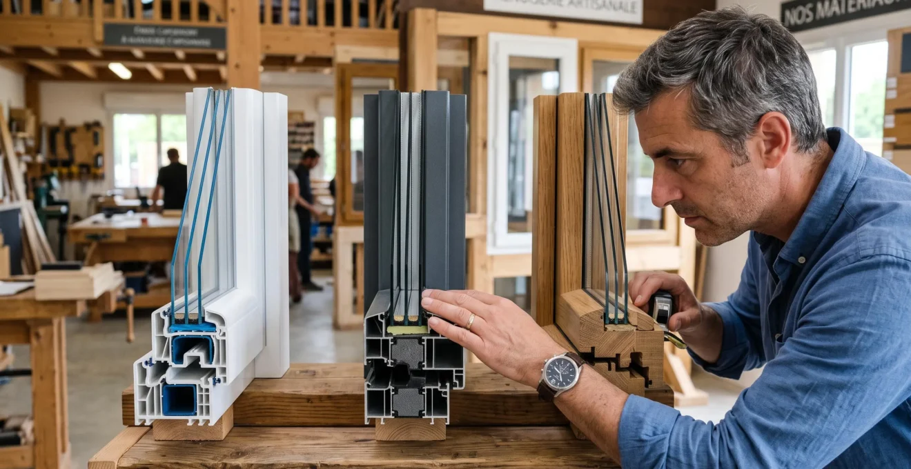 Trois échantillons de fenêtres en PVC, alu et bois dans un showroom.