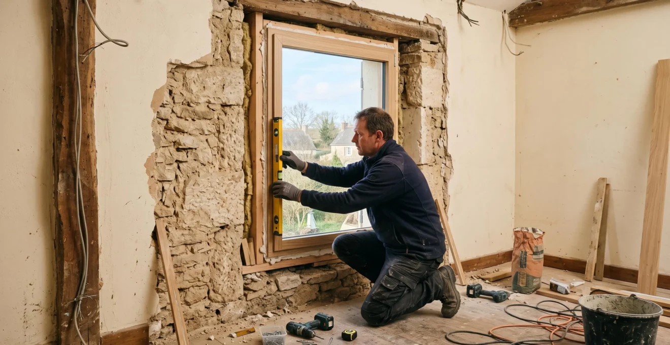 Un installateur ajuste une fenêtre neuve dans une maison en rénovation.