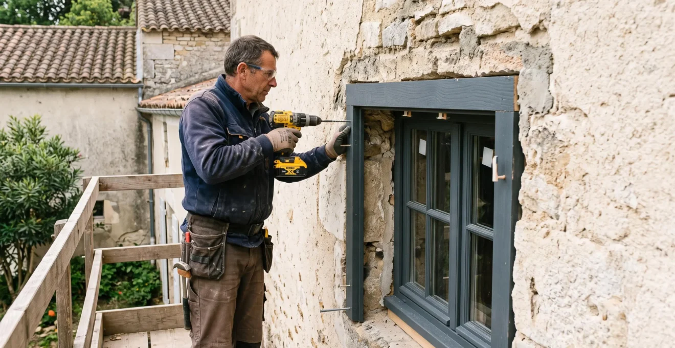 Un artisan fixe une fenêtre en rénovation depuis la façade extérieure.